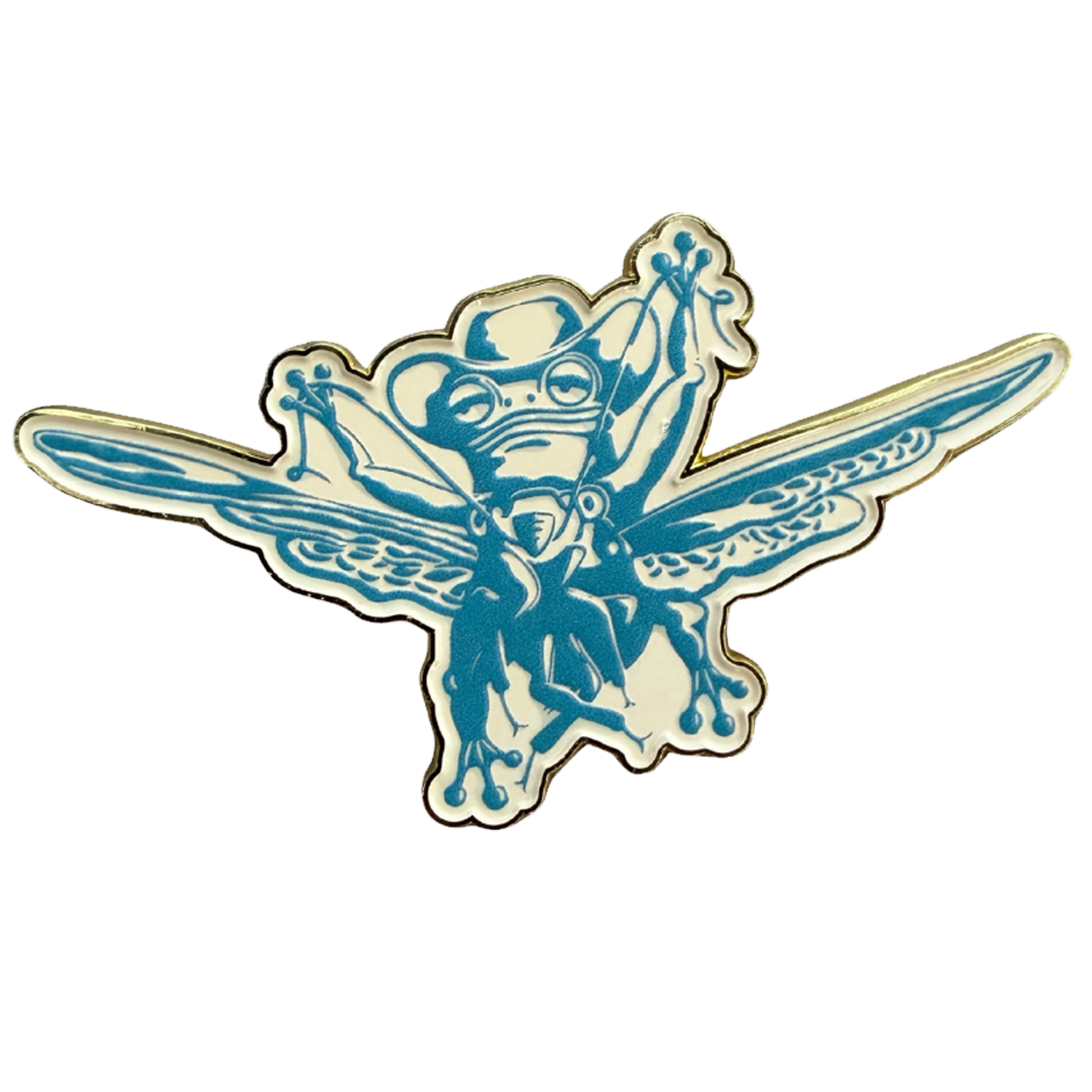 Frog with butterfly wings enamel pin on a white background